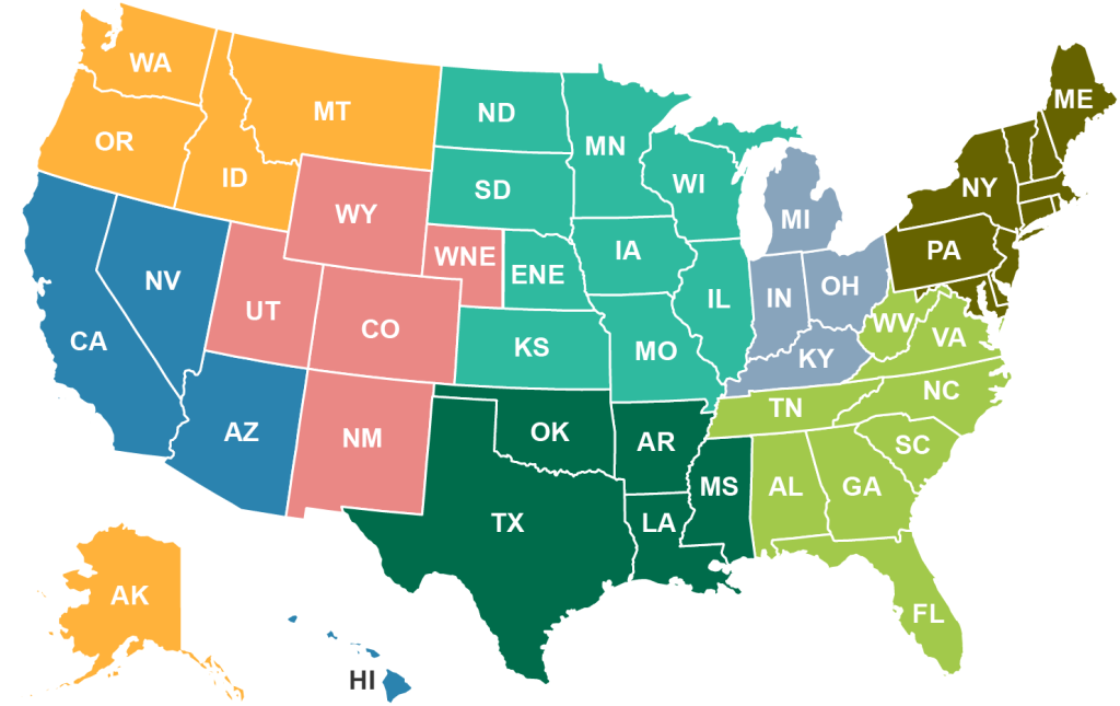 USA map with states seperated by sales rep territory