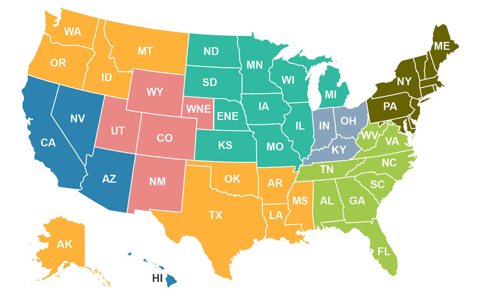 Map of the United States broken out by sales rep territories.